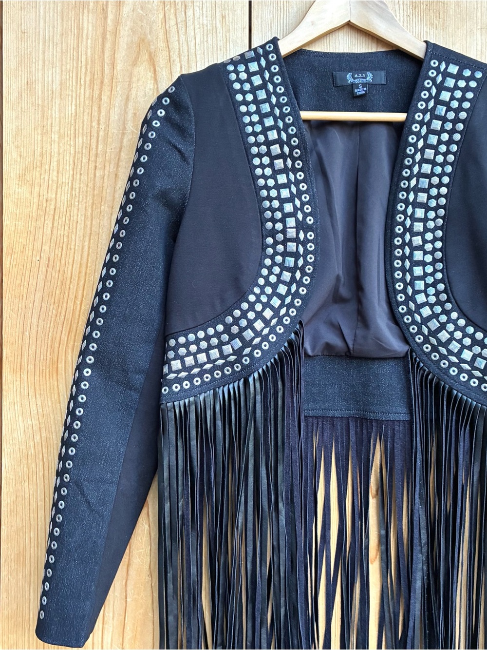 A.Z.I. Black Denim Fringe Studded Jacket Sz Small